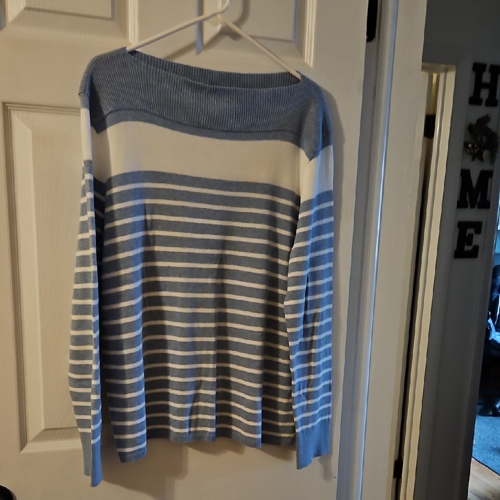 Chaps Off-the-Shoulder Blue and White Sweater